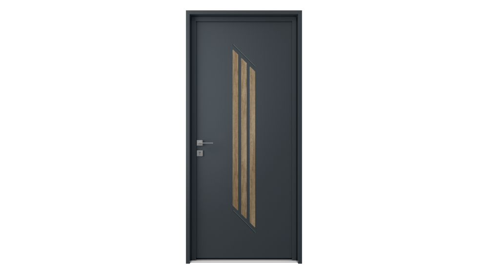 Porte d'entrée aluminium TILOS Porte d'entrée grise avec décor effet bois